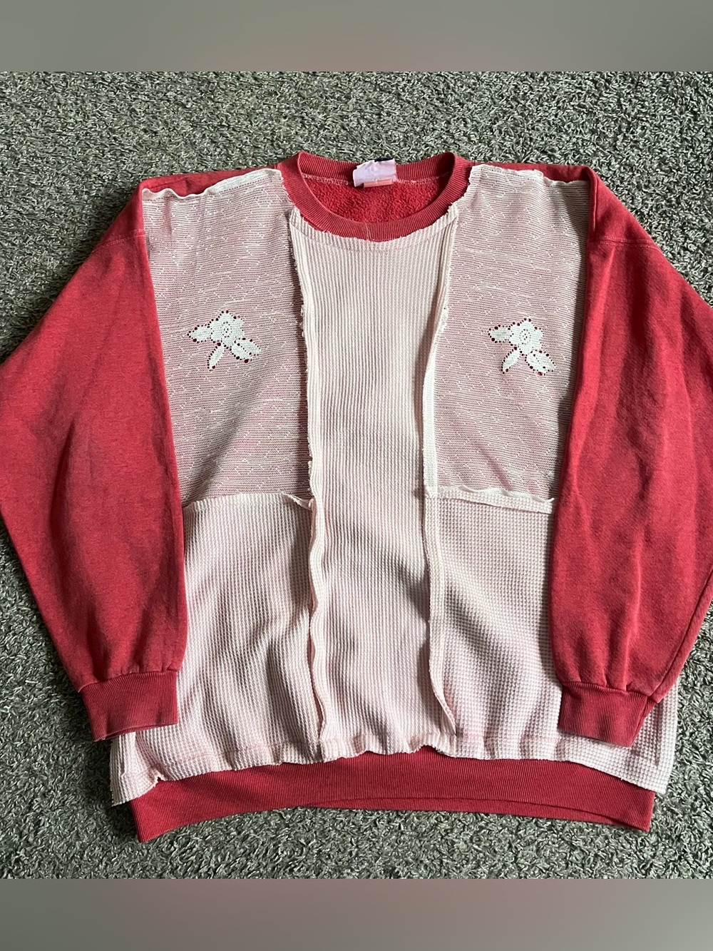 Vintage 90's Grandma Crewneck Sweatshirt Pullover Lace Red Cottage 2XL